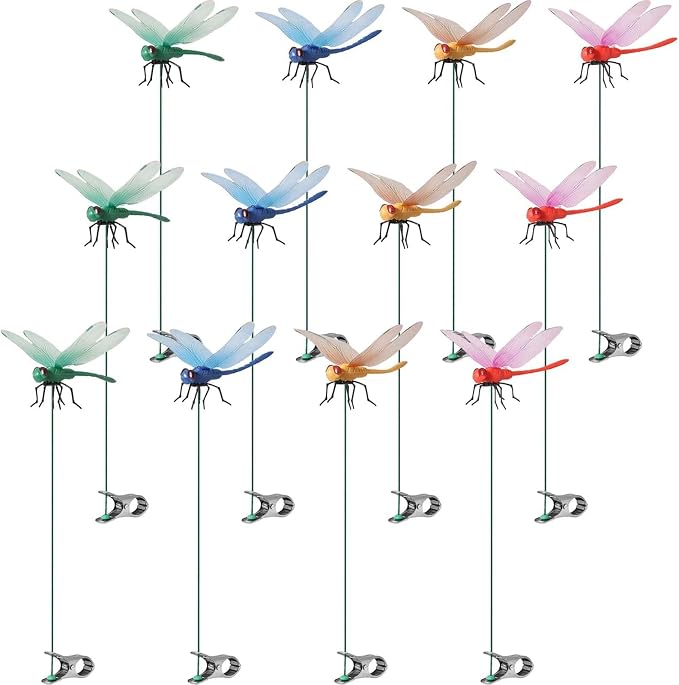 Artificial Dragonfly Pole Clips for Outdoors,Dragonfly Hat Clip,3D Dragonfly Garden Decorative Clips,Horticultural Dragonfly Decoration 12Pcs