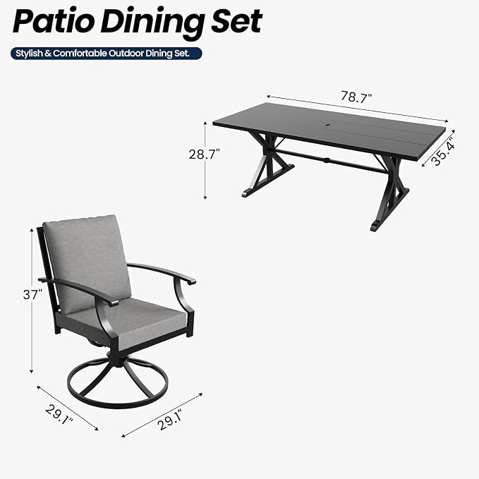 9 Pieces Outdoor Patio Dining Set,Patio Table and Chairs Metal Outdoor Patio Furniture Set with Umbrella Hole,Dining Table Set with 8 Swivel Chairs for Deck,Backyard and Garden,Grey