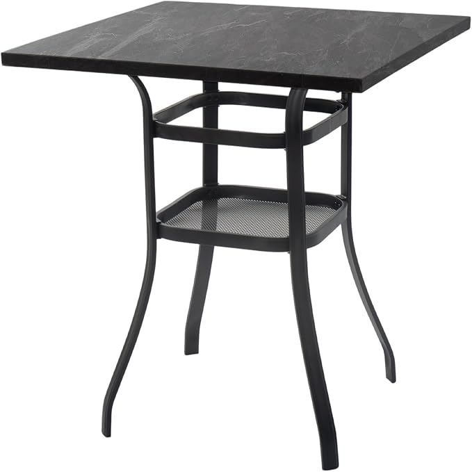 Kozyard Outdoor Bar Height Table with Realistic Marble Texture Top, 36" Square Patio Pub with 2-Tier Storage Shelves, All-Weather Metal High Top Bistro Table for Backyard, Balcony, Poolside