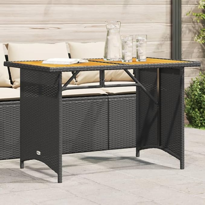 Patio Table with Acacia Wood Top, 43.3x26.8x27.6 Inch Outdoor Garden Table, PE Rattan and Powder-Coated Steel Frame