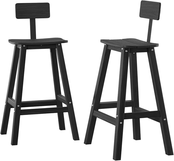 Bar Height Chairs Set of 2, HDPE Front Porch Chairs Set, Weather Resistance Outdoor Bar Stools Set for Spas, Cafes, Swimming Areas, Lodges and Hotels - Black