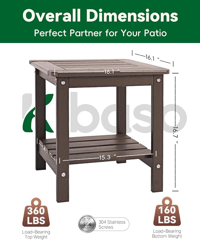 Kibaso-Adirondack Outdoor Side Table, 2-Tier HDPE Outdoor End Table, Weather Resistant Easy Maintenance, Small Patio Side Table for Patio, Pool, Porch, Garden, Lawn, and Living Room (1, Coffee Brown)