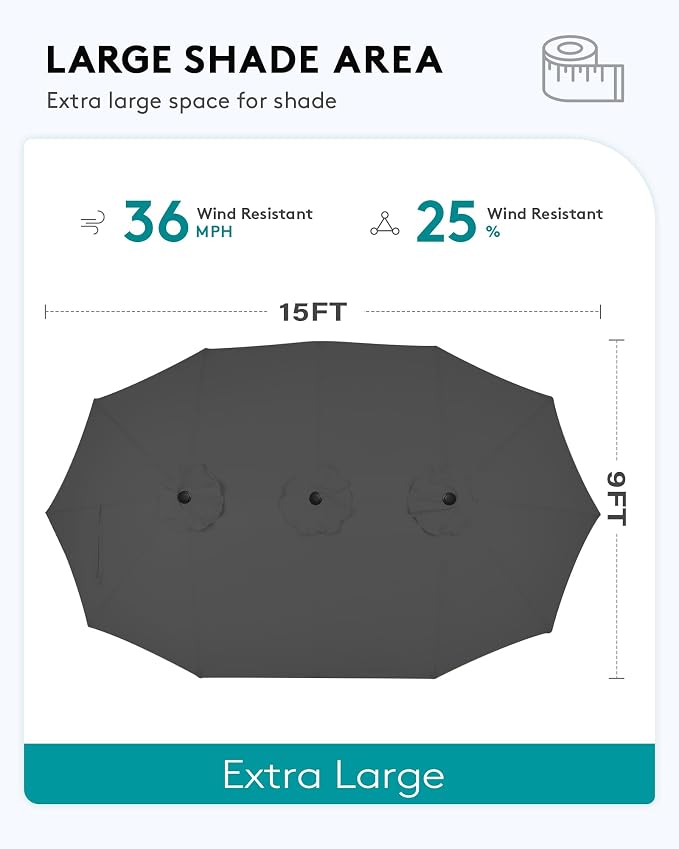 SERWALL HDPE Patio Furniture Set with 15FT Double Side Patio Umbrella, All Weather Wood-Like Outdoor Sofa Sectional Couch, Grey Patio Furniture with Khaki Cushions