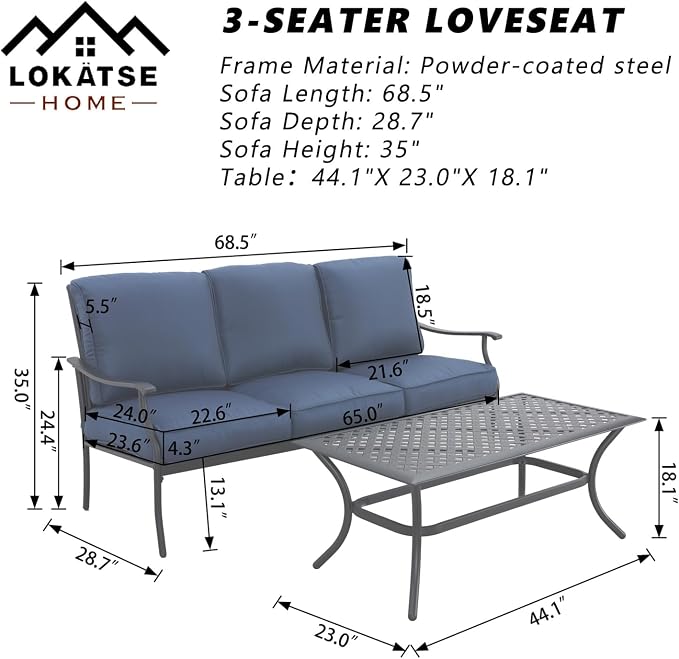 LOKATSE HOME 3 Seat Metal Patio Loveseat Bench Outdoor Furniture Bistro Set with Coffee Table for Lawn Front Porch Garden Yard or Poolside, Blue