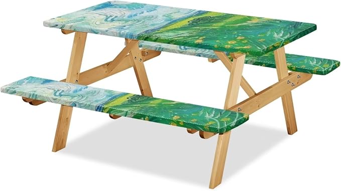 Green Field Picnic Table Cover with Bench Covers Elastic Picnic Table Covers Outdoor Table and Chairs Decorative Sets Camping Essentials Suitable for Summer Outdoor Camping