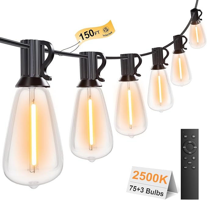 Outdoor String Lights 150FT 75+3 LED, Waterproof Dimmable Patio Lights | Remote Control, Shatterproof Edison ST38 Bulbs, Timer, Plug-In, Warm White Hanging Light for Garden Yard Porch Deck Decor