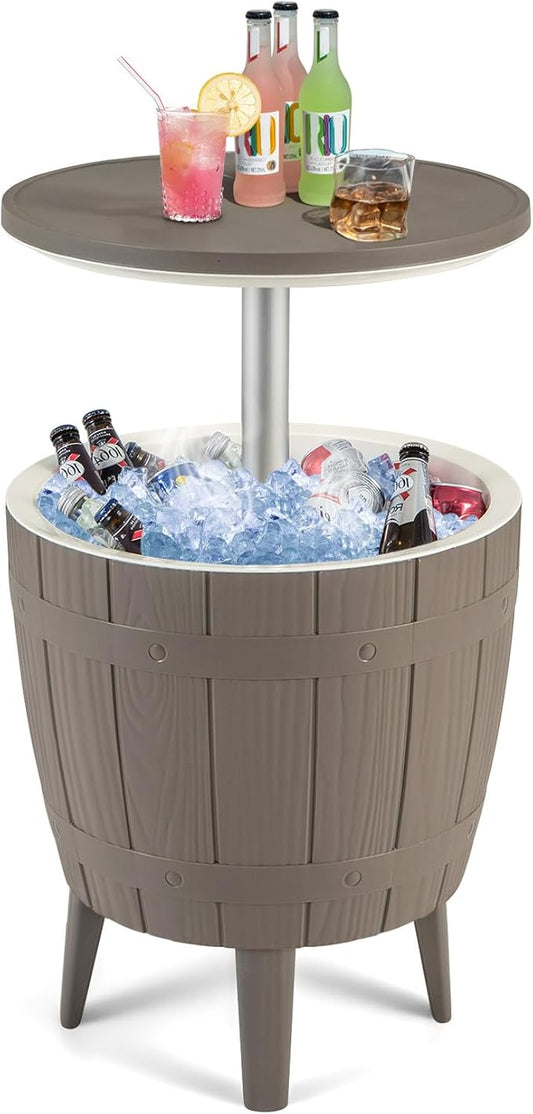 COSTWAY Outdoor Cooler Bar Table, 10 Gallon Cooler with Height Adjustable Tabletop, 3-in-1 Ice Bucket for Beer & Wine, All-Weather Cocktail Table for Backyard, Party, Poolside (Coffee)