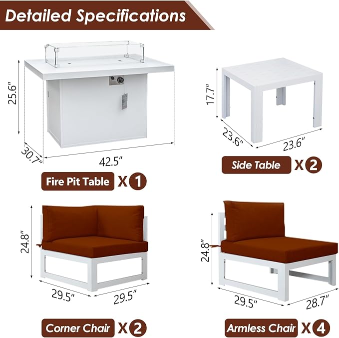 RADIATA 9 Piece High End Aluminum Patio Furniture Set with Fire Pit Table, 500 lbs Heavy Duty Outdoor Sectional Sofa, 29" Deep Wide Oversized Seating L Shaped Conversation Couch for Exterior, Burgundy