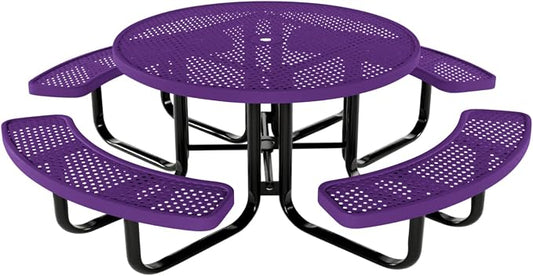 COATEDOUTDOORFURNITURE Heavy-Duty Portable Outdoor Kids Table with Umbrella Hole, Punched Steel Kids Picnic Table, Commercial-Grade, Made in America (46 in, Round, Childrens, Purple)