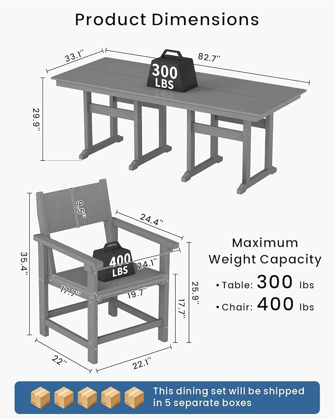 9-Piece Outdoor Dining Set, HDPE Weatherproof Patio Table and Chairs Set for 8, Outdoor Patio Furniture Sets with Umbrella Hole for Outside, Deck, Backyard, Garden (Grey)