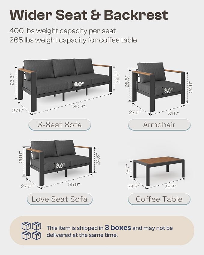 Aluminum Outdoor Patio Furniture Armchair, All-Weather Outdoor Patio Sofa with Washable Thick Cushion, Patio Sofa Couch Set of 2 for Porch, Balcony, Deck, Yard, Graphite