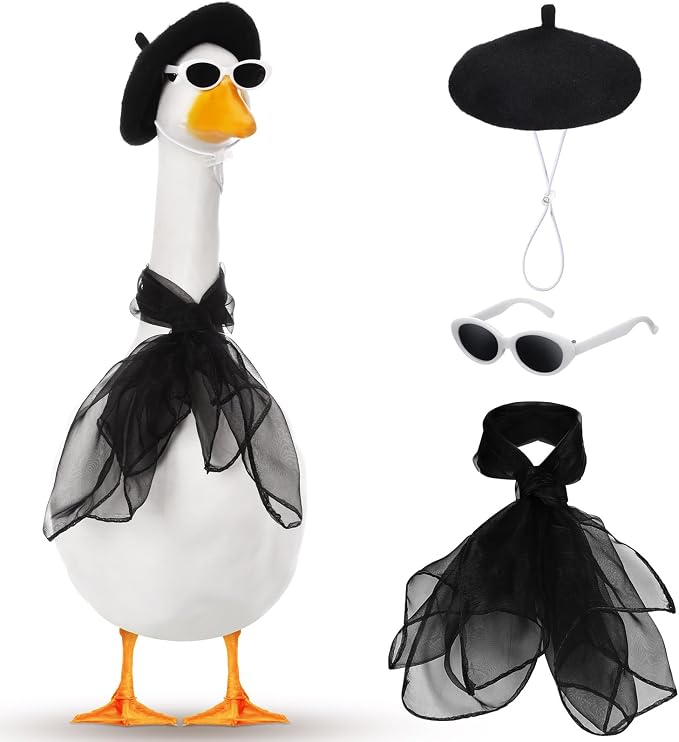 Yaomiao 3 Pcs 50s French Porch Goose Outfit Set for 23'' 17'' Cement Lawn Goose Costume Beret Hat for Carnival Statue Decor(Black)