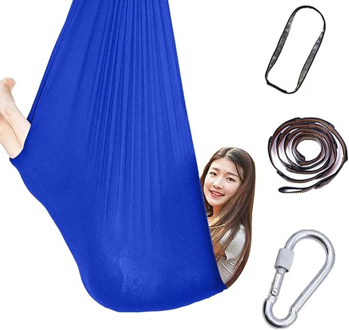360° Rotating Elastic Aerial Yoga Hammock Outdoor Indoor Swings Aerial Yoga Sensory Therapy Cuddle Swing Soft Elastic Parcel Steady Seat Swing (Color : Lake Blue, Size : 150x280cm)