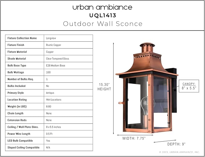 Luxury Antique Outdoor Wall Light, Medium Size: 15.3" H x 7.75" W, with French Country Style Elements, Rustic Copper Finish, UQL1413, Longview Collection