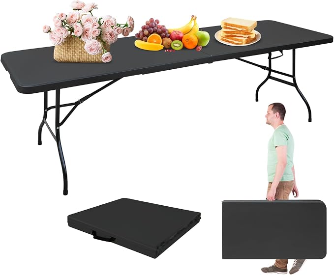 Portable 8Ft Folding Table, Heavy Duty Plastic Fold-in-Half Utility Foldable Dining Table, Multi-Purpose Plastic Folding Table with Carrying Handle for Camping and Party Indoor/Outdoor (Black)