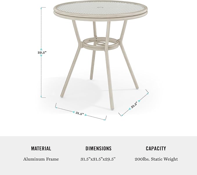 Martha Stewart Lily Pond 31” Round Indoor-Outdoor Bistro Dining Table with Aluminum Frame in Gray Woodgrain and Rattan Top in White/Gray with Tempered Glass Top