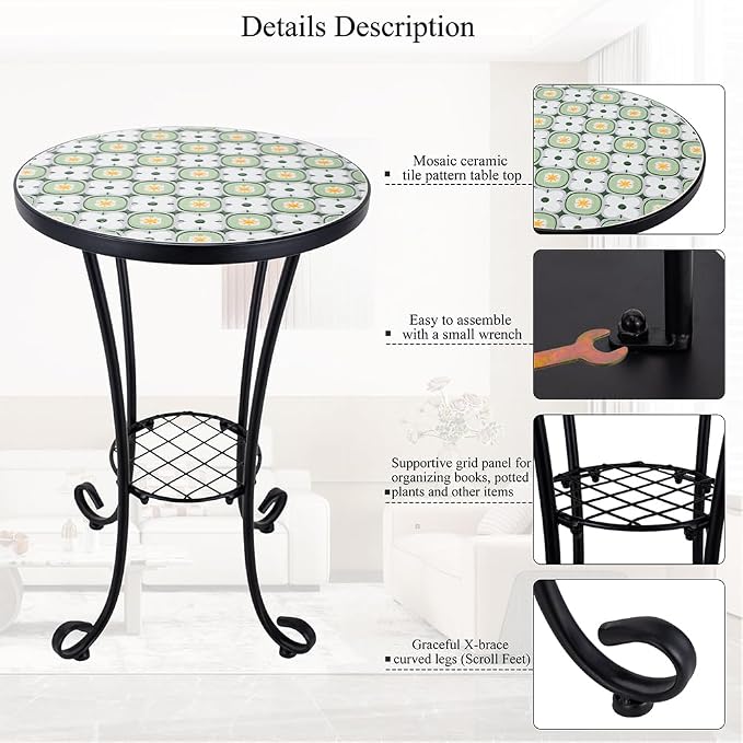 14 Inch Mosaic Patio Side Table with Scroll Legs, Indoor Outdoor Accent Round End Table with Ceramic Tile Tops for Yard, Garden, Living Room, Bistro, B - Granny Square