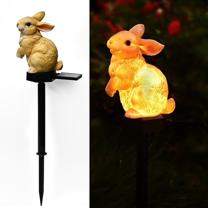 Bunny Garden Ornaments Rabbit Solar Decor Outdoor Statue Yard Decorations | Light up Bunny Porch Decor Outside Animal Stake Waterproof Patio Cute Brown Hare Figurine Lawn Easter Gifts Idea Mom Mother