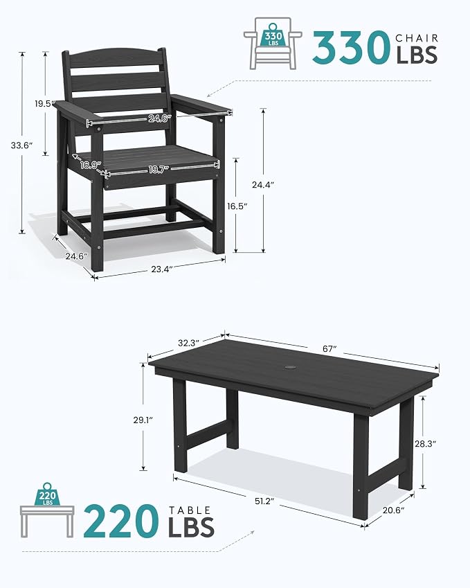 SERWALL 8-Pc HDPE Dining Set, 1 Table, 1 Umbrella & 6 Chairs, Black | Patio Dining Set with Umbrella, 67"Rectangular Table & 6 Chairs & 15FT Umbrella, All Weather Dining Furniture