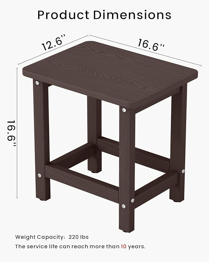 Weatherproof Outdoor Side Table, HDPE Small Outdoor Table for Adirondack, 16.6-Inch Patio Square End Tables for Garden, Backyard, Porch, Deck, Balcony, Poolside (Coffee)