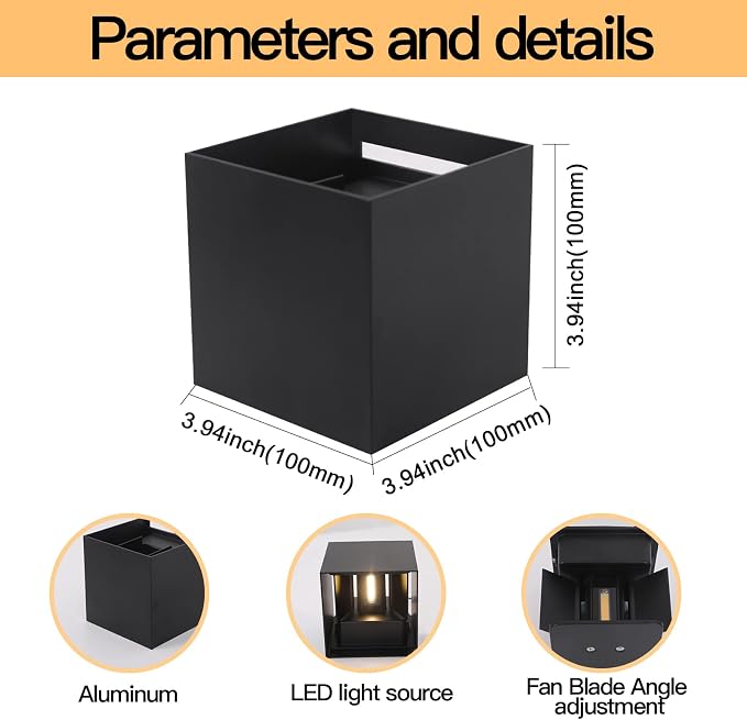 Mille Lucciole 4 Pack Outdoor Wall Lights Exterior/Interior LED Wall Sconces IP65 Waterproof Square Aluminum Wall Lamps Outdoor Lighting Fixture Up and Down Lights Modern Black 12W 3000K Warm Lights