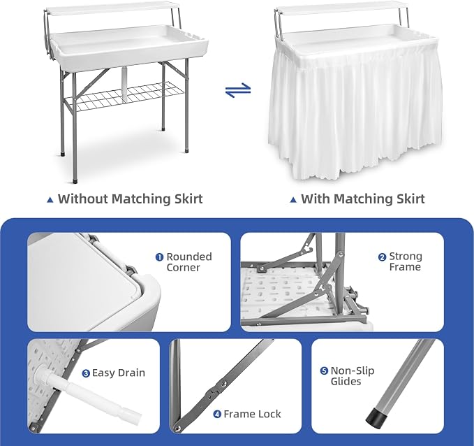 4ft Portable Ice Cooler Folding Table, Dual-Level Design, Built-in Drain, Detachable Skirt, Perfect for Outdoor Parties, Camping, Picnics, Pools, White