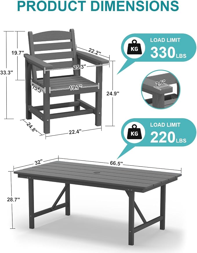 PLUUV 66" Outdoor Dining Table, All-Weather HDPE Rectangular Patio Table with 2” Umbrella Hole, Weatherproof, Grey