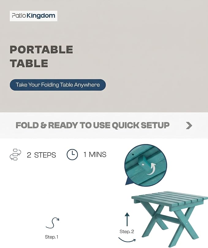 Outdoor Folding Side Table, Lightweight & Space-Saving Design, All-Weather HDPE Material, Realistic Wood-Grain Finish (Aruba Blue,1 Table)