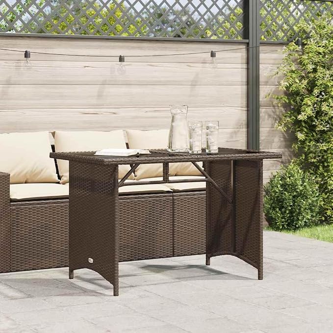 Brown Poly Rattan Patio Table with Tempered Glass Top, 43.3x26.8x27.6 Inch Rectangular Outdoor Table for Garden