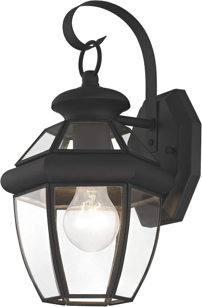 Livex Lighting 2051-04 Monterey 1 Light Outdoor Black Finish Solid Brass Wall Lantern with Clear Beveled Glass | Clear Beveled Glass; Solid brass construction