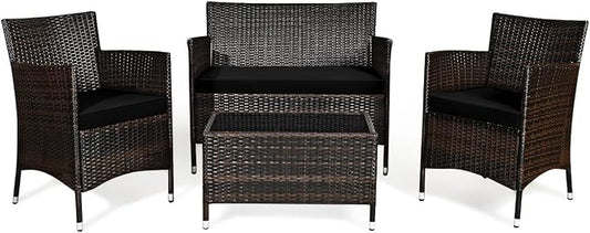 HAPPYGRILL 4 Pieces Patio Sofa Set Rattan Wicker Furniture Patio Conversation Set with Cushioned Sofa and Coffee Table for Outdoor Backyard Garden Poolside