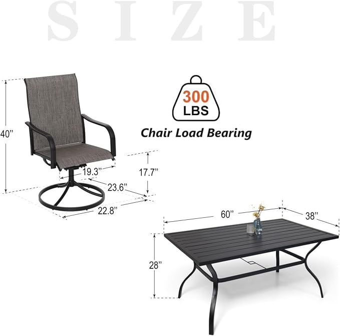 Anmutig 7-Piece Outdoor Dining Set, 6 Swivel Patio Chairs & 60'' Rectangular Dining Table with All Weather Frame Furniture Set - Tan Grey Style2