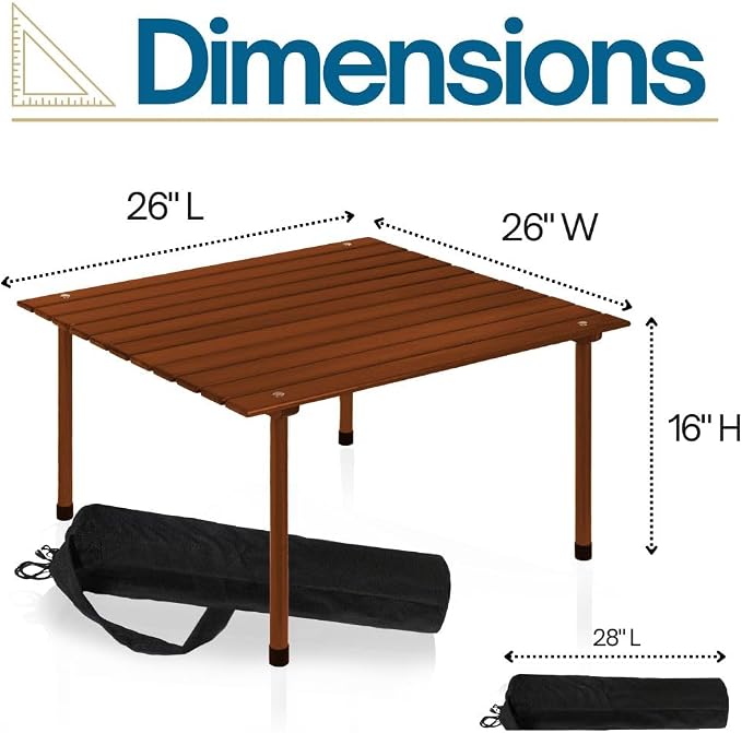 Formosa Covers Portable Wood Roll Up Table for Picnics, 2025 Update Stronger Staple Camping, Low Beach Table, Travel, Tailgate, Outdoor Events Carrying Bag Size 26" Lx26Wx16 H (Dark Teak Finish)