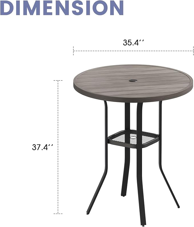 VICLLAX Outdoor Bar Table, 35.4" Wide Round Patio Bar-Height Table Weather Resistant Metal Slatted Tabletop with Umbrella Hole for Front Porch Deck, Backyard, Light Grey