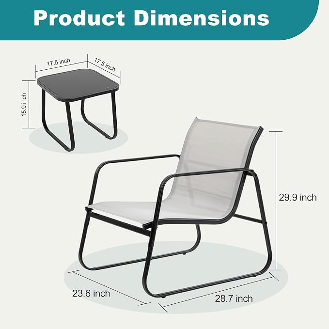 DUMOS 3 Piece Patio Furniture Set，Outdoor Patio Furniture Set with Table and Chairs, Sectional Bistro Sets for Lawn, Garden, Balcony, Pool, Poolside Gray