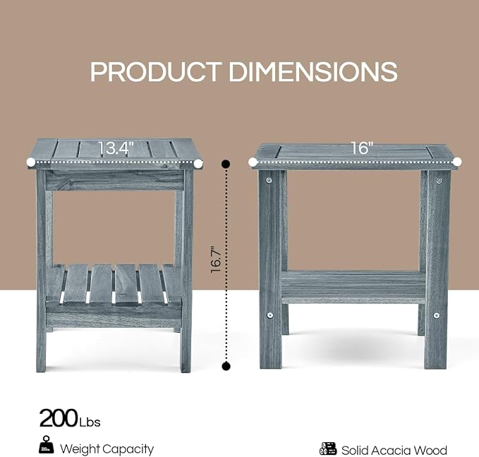 THYOI Premium Acacia Wood Outdoor Side Table, Adirondack Square Patio End Table with 2-Tier Storage Shelf, Weather-Resistant Small Table for Porch, Garden, Backyard, Poolside (Grey)