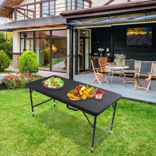 Rattan Folding Table 4ft Heavy-Duty Portable Outdoor Picnic Table for Party Dining Camping Tables with Handle(Black)