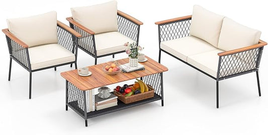 Tangkula 4 Piece Patio Furniture Set, Patiojoy Rattan Chair Set w/ 2-Tier Coffee Table, Acacia Wood Armrests & Tabletop, Soft Seat & Back Cushions, Outdoor Wicker Conversation Set