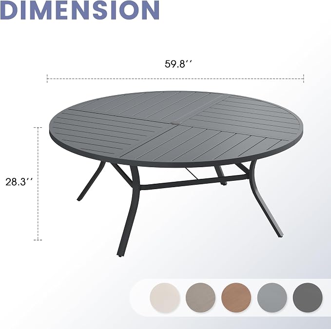 VICLLAX 60" Round Outdoor Table, Patio Dining Table for 8-10 with Umbrella Hole for Garden Lawn Deck Backyard, Dark Grey