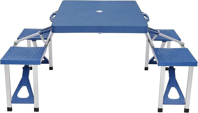 4FT Portable Folding Camping Picnic Table with Seats Chairs and Umbrella Hole, Lightweight Compact Aluminum Outdoor Camping Patio Fold Up Card Suitcase Table with Carry Handle
