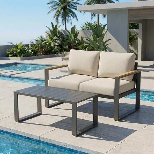 IDEALHOUSE Aluminum Outdoor Patio Furniture - 1 Pcs Loveseat and Coffee Table, All-Weather Metal Modern Outside Furniture with Washable Thick Cushion for Balcony, Garden, Deck, Backyard, Beige