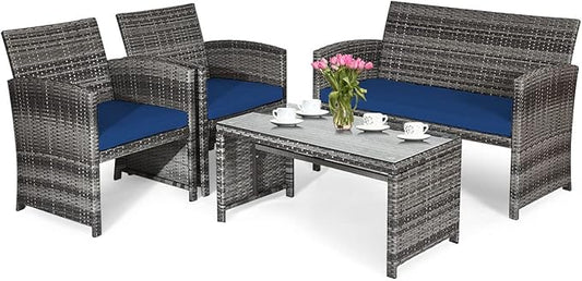 HAPPYGRILL 4-Piece Patio Conversation Set with Soft Cushions Rattan Furniture Set with PE Wicker Coffee Table & Sofa Chairs for Garden Poolside Porch Backyard