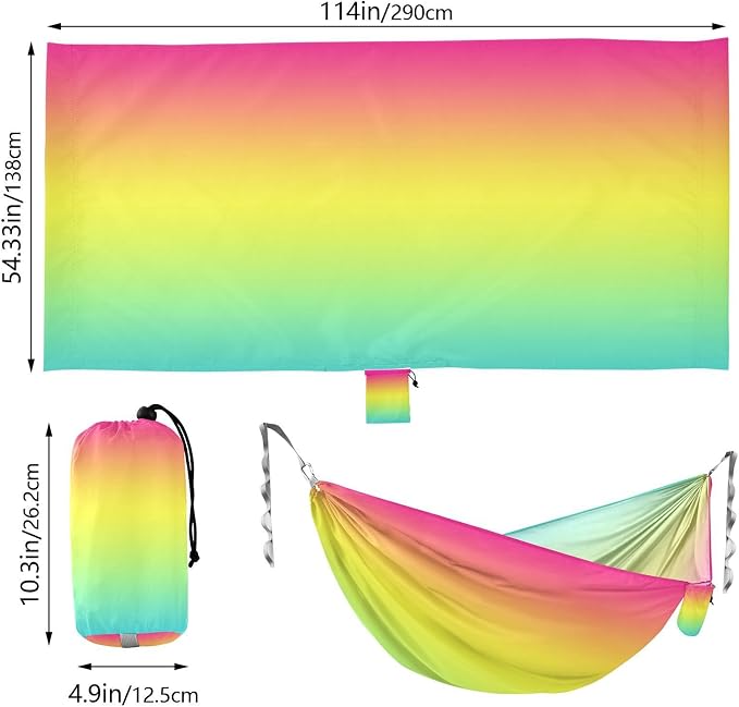 Rainbow Camping Hammock, Portable Lightweight Single Hammock with Tree Straps and Aluminum Carabiners, 114" x 54" Travel Hammock for Hiking Backpacking Beach