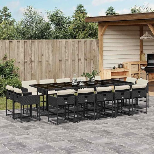 15 Piece Patio Dining Set with Cushions Black Poly Rattan Outdoor Furniture Set for 14 People, Foldable Chairs with Removable Cushion Covers, Tempered Glass Table for Garden Dining and Relaxation