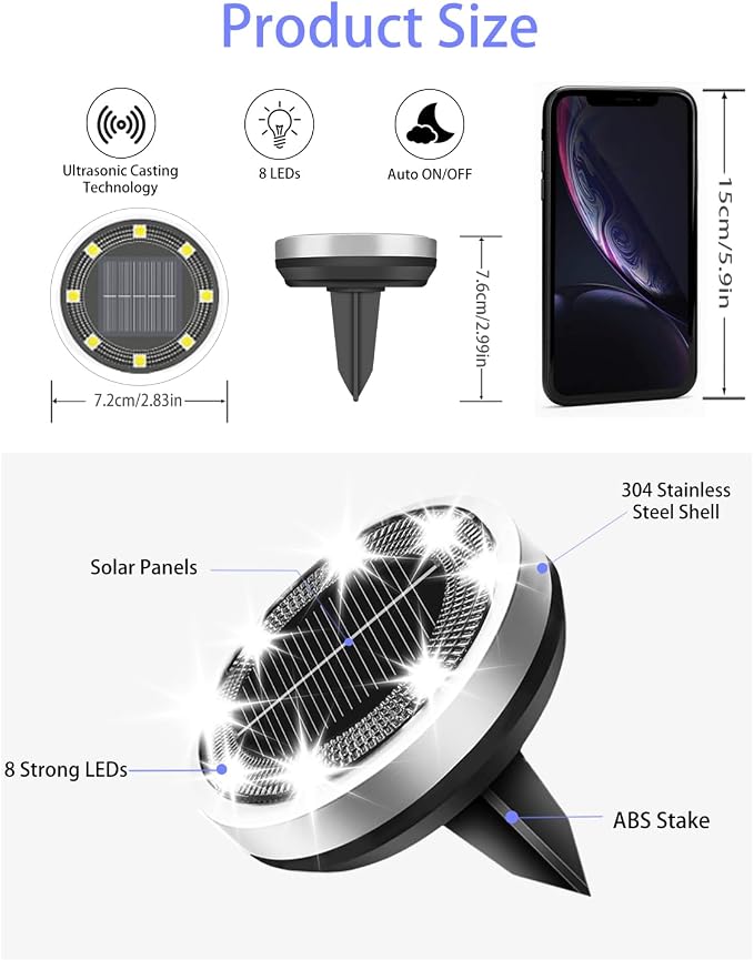 Solar Lights Outdoor Waterproof, 8 Pack 8 LED, Thickened Stainless Steel Ground Light, Solar Garden Lights Landscape Lighting for Patio Pathway Lawn Yard Deck Driveway Walkway, Cool White