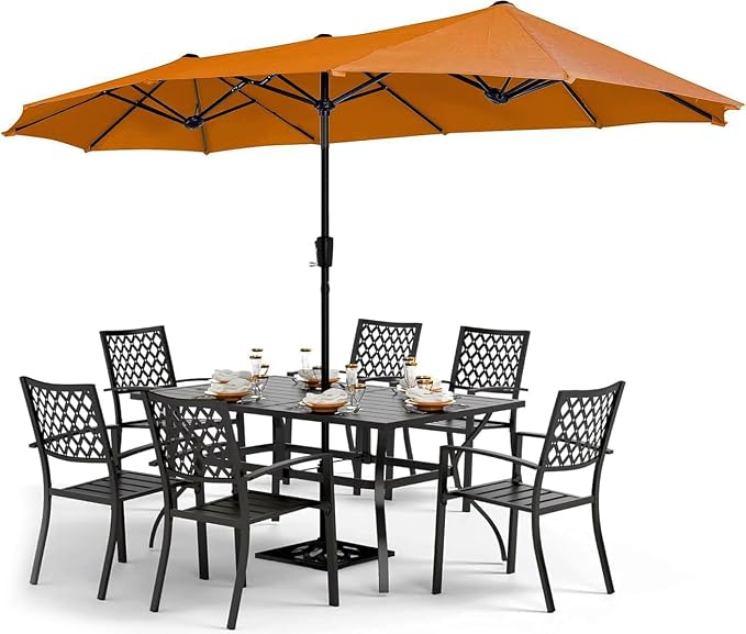 PHI VILLA 8 Pcs Patio Dining Set w/ 13ft Double-Sided Patio Umbrella | Metal Outdoor Table Furniture Set with 6 Outdoor Stackable Chairs, 1 Rectangle Dining Table and 1 Large Umbrella