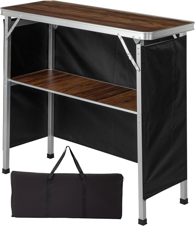 Portable Outdoor Bar Table - Folding Camping Table 2-Tier Shelves with Carrying Case, Storage Shelf & Black Skirt, Tradeshow Podium Table for Events, Camping, Party, Picnic, Exhibition - Brown