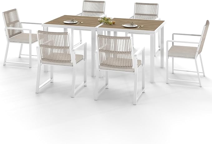 8 Pieces Metal Outdoor Dinning Set Featuring 2 Tables and 6 Ratten Chairs Waterproof and Rust-Proof Courtyard Style Table Garden Balcony Poolside, White 8 Pcs