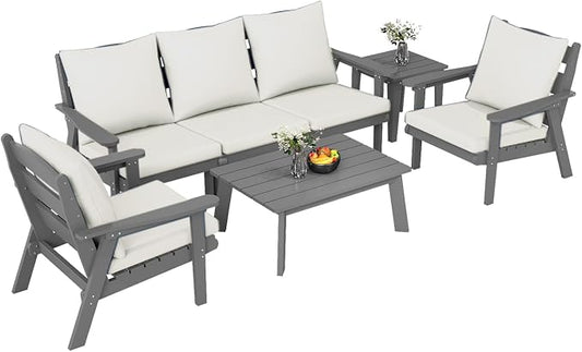 FOOWIN 7-Piece Patio Furniture Set, HDPE All-Weather Outdoor Conversation Set with Thick Cushions, Sectional Patio Sofa Furniture for Deck, Porch, Lawn, Garden, Grey Frame & White Cushion