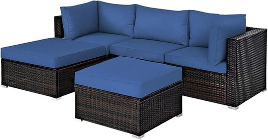 COSTWAY 5-Piece Outdoor Patio Furniture Set, PE Rattan Sectional Conversation Set with Cushions and 2 Ottomans for Garden, Deck, Backyard (Navy)